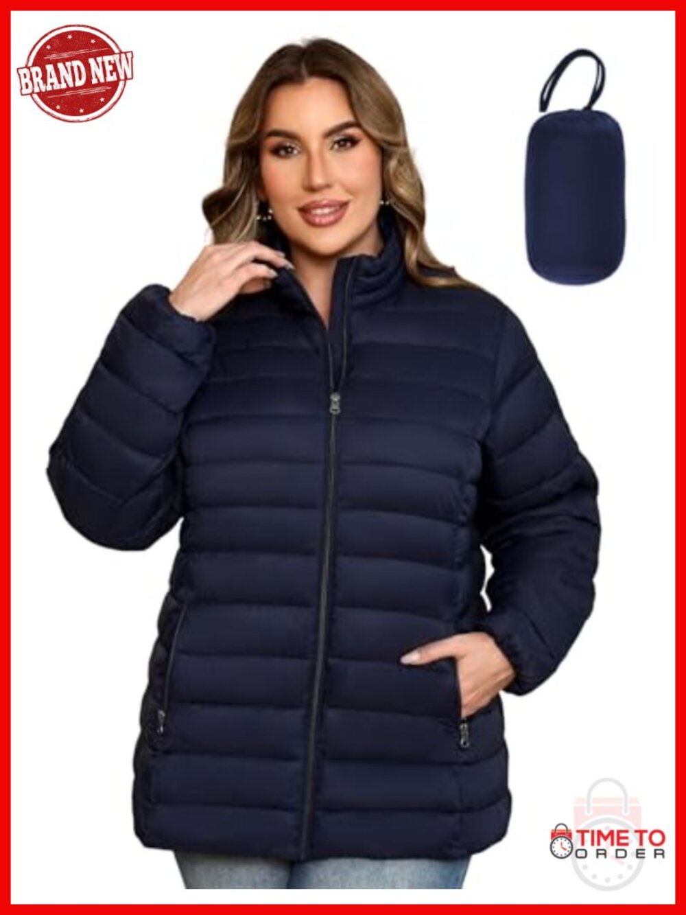 Plus Size Packable Puffer Jacket Stand Collar Lightweight Winter Coat